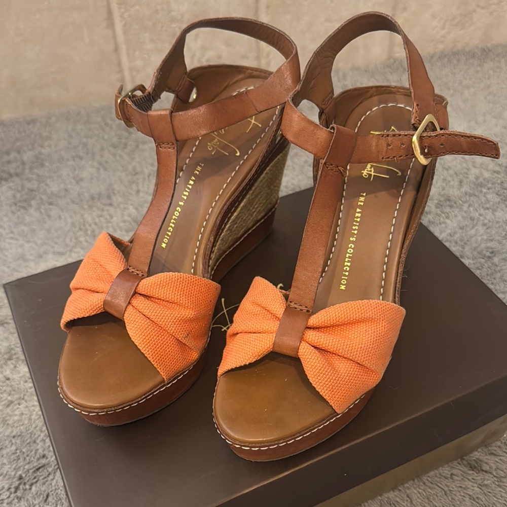 Franco Sarto Brown and Orange Wedge Sandals with Ankle Straps